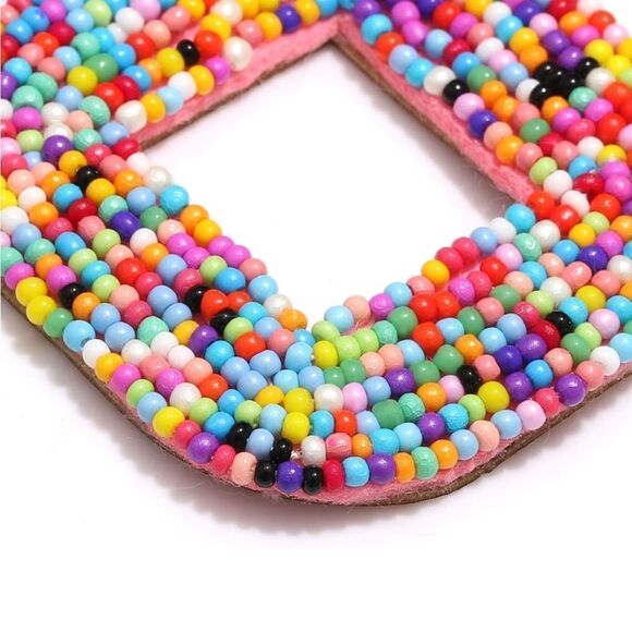 Square Confetti Beaded Faux Leather Boho Dangling Drop Statement Post Earrings - Picture 4 of 6